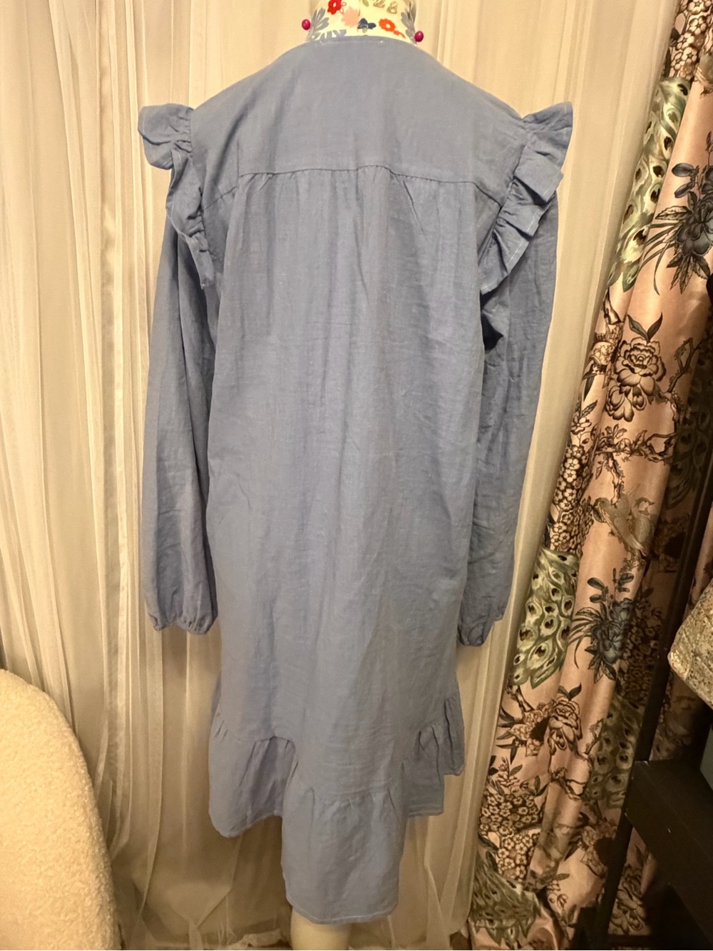 Blue Mini Dress with Colorful Embroidered Yoke - Picture 3 of 6